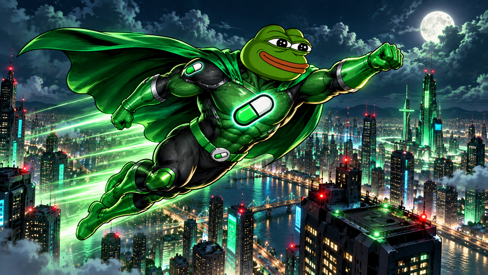 PUMP Hero flying over the neon city