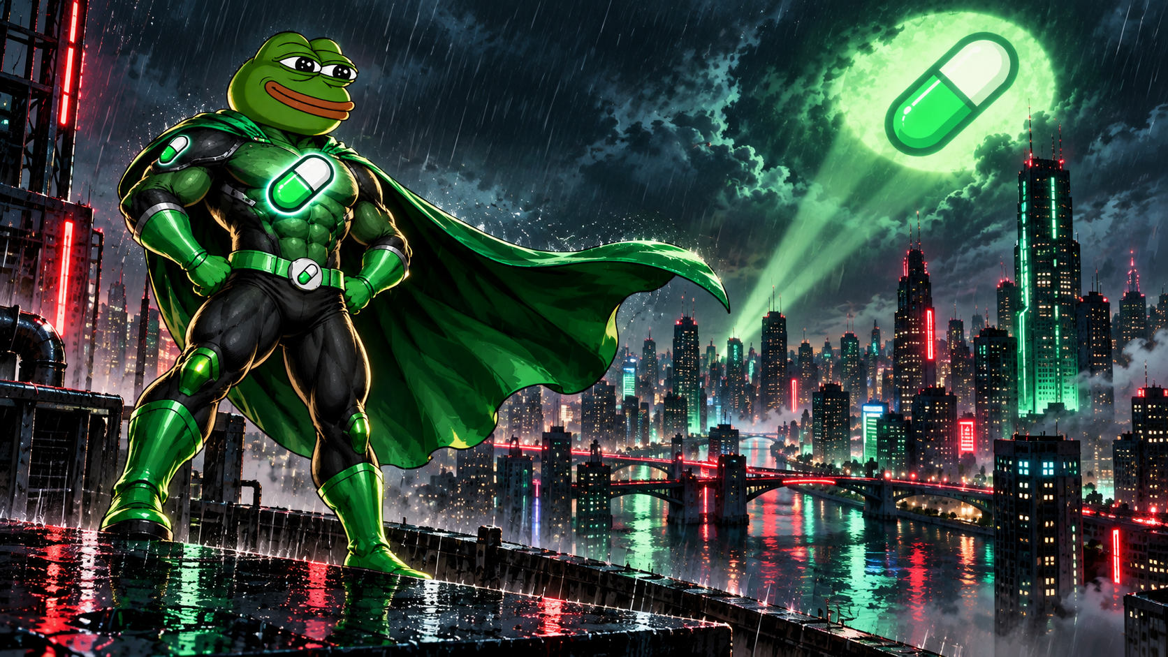 PUMP Hero guarding the city from a rainy rooftop