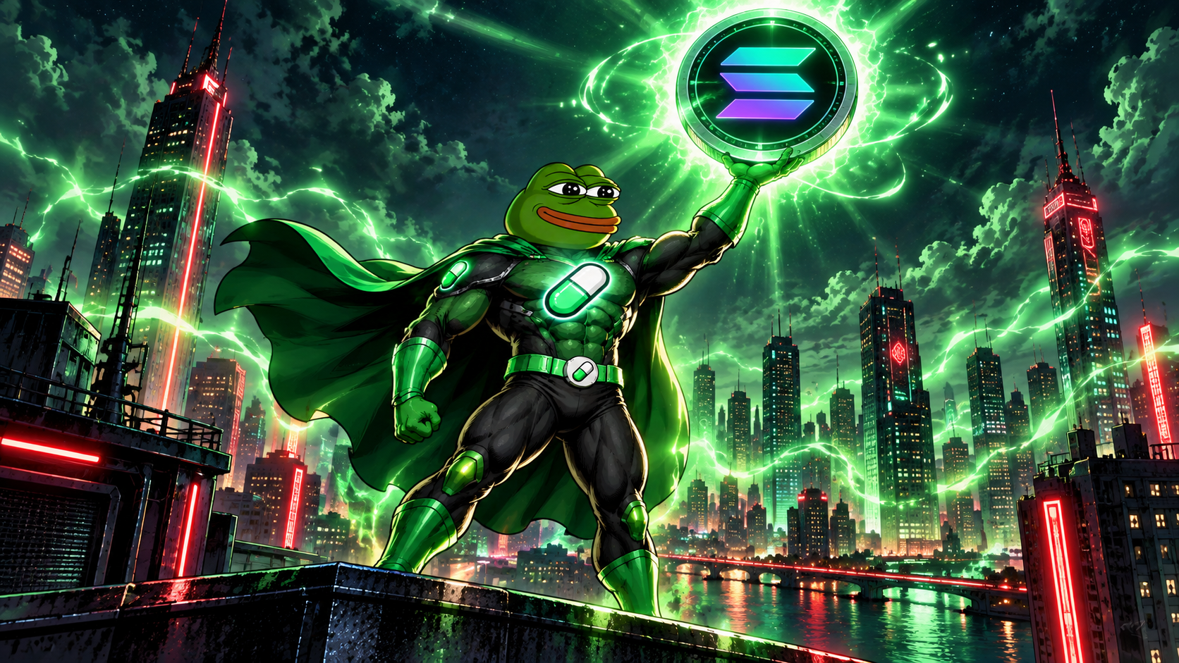 PUMP Hero lifting a glowing Solana coin
